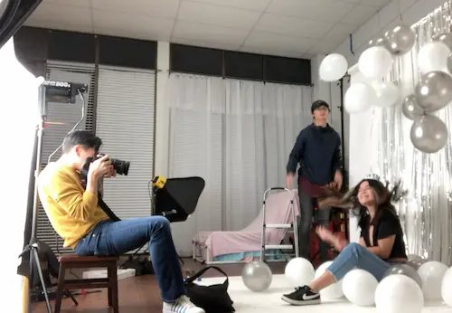 Studio lighting setup and camera positioning