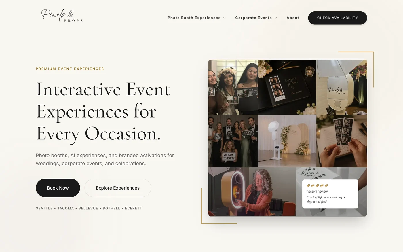 Pixels & Props homepage with curated photo booth experiences